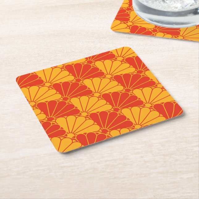 Oriental Red Yellow Kiku Chrysanthemum Mon Pattern Square Paper Coaster (Angled)