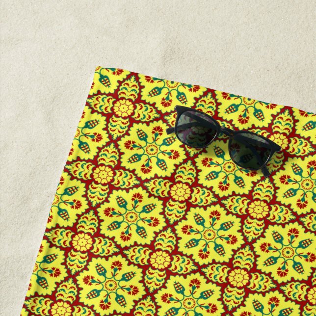 Oriental Red Yellow Ottoman Turkish Tulip Pattern Beach Towel (In Situ)