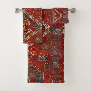 Oriental rug - bold design in  red and blue  bath towel set