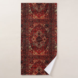 Oriental rug design in  dark red bath towel set