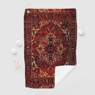 Oriental rug design in dark red golf towel