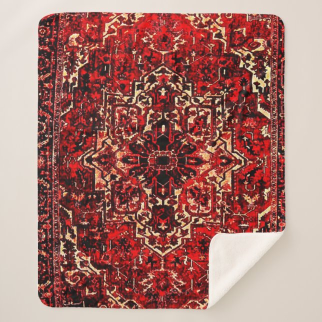 Oriental rug design in  dark red   sherpa blanket (Front)