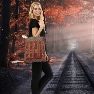 Oriental rug design in orange tote bag