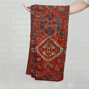 Oriental rug design in  red and blue bath towel set