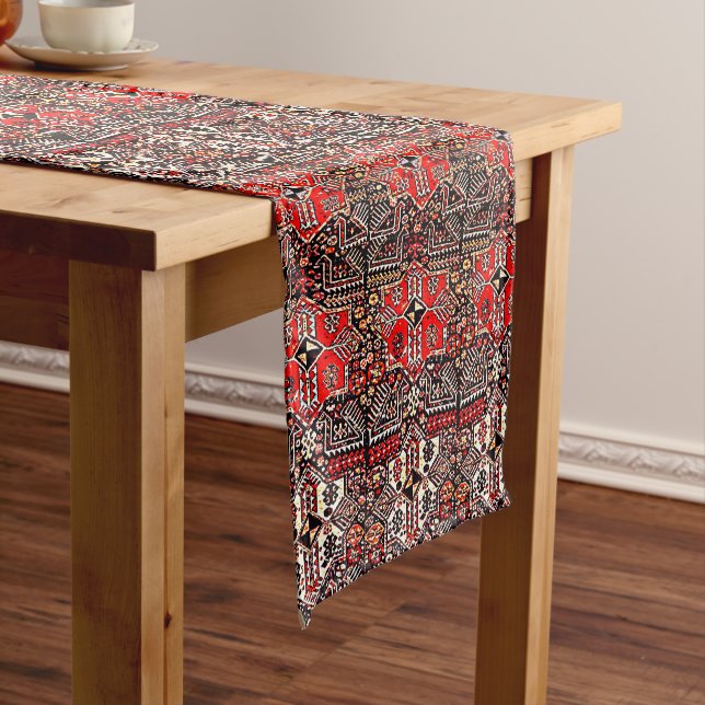 Oriental rug look - red white black   short table runner (In Situ)