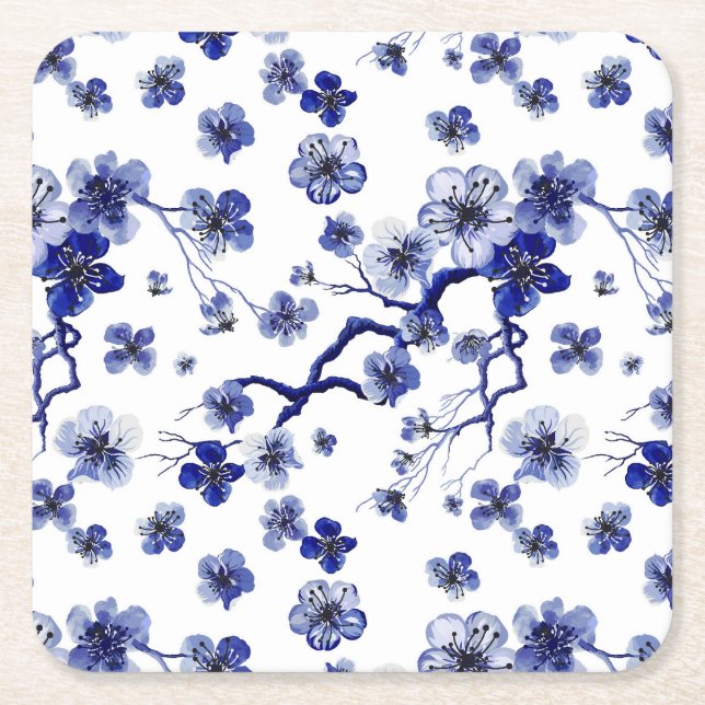 Oriental Sakura Branch Pattern Square Paper Coaster (Front)
