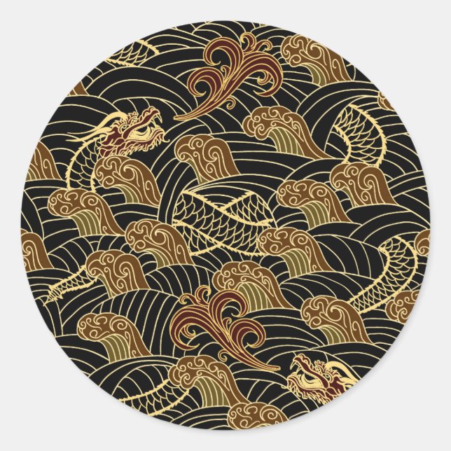 Oriental Sea Dragon Pattern Classic Round Sticker (Front)