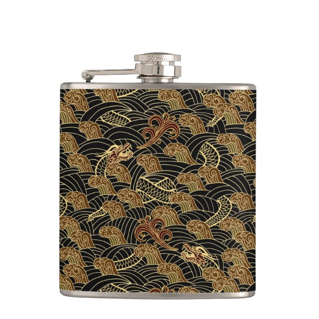 Oriental Sea Dragon Pattern Hip Flask (Front)