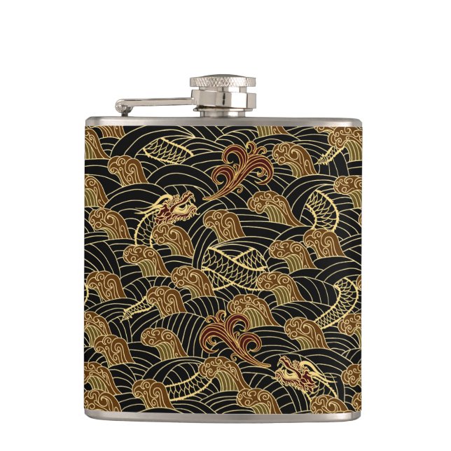 Oriental Sea Dragon Pattern Hip Flask (Front)