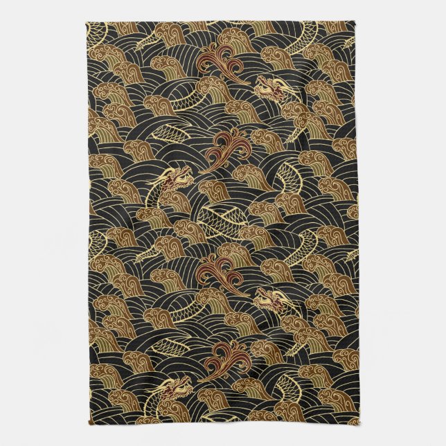 Oriental Sea Dragon Pattern Tea Towel (Vertical)