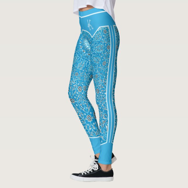 Oriental Sky Blue Arabesques Monogram Customised Leggings (Left)