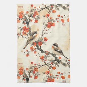 Oriental Songbirds and Blossom - Traditional Asian Tea Towel