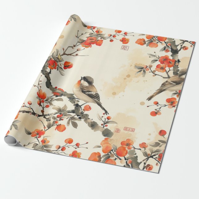 Oriental Songbirds and Blossom - Traditional Asian Wrapping Paper (Unrolled)