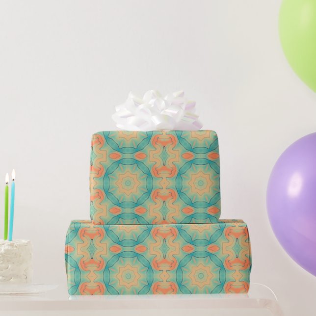 Oriental Star Pattern in Orange and Teal Green Wrapping Paper (Party Gifts)