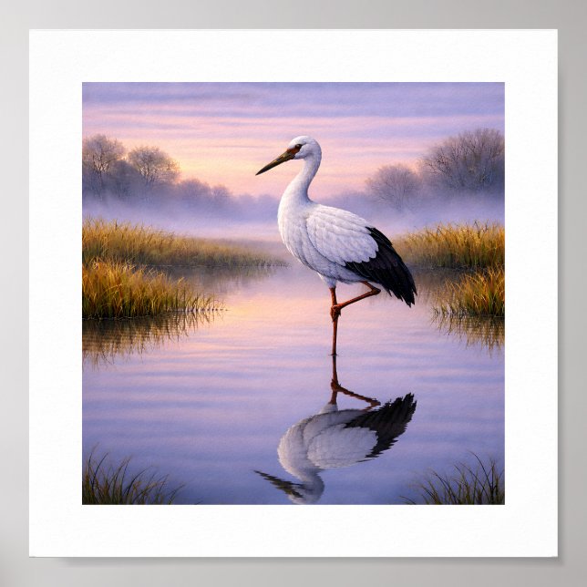 Oriental Stork at Dusk – Japanese Wild Birds Art Poster (Front)
