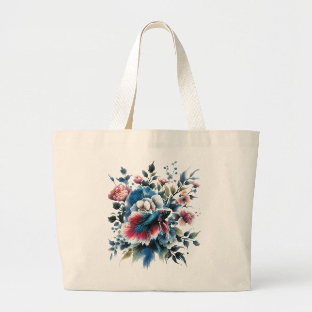 Oriental style flowers and beta fish ecobag large tote bag (Front)