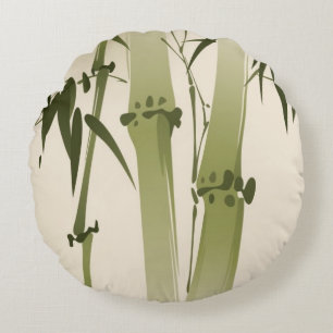 Oriental style painting, bamboo branches 2 round cushion
