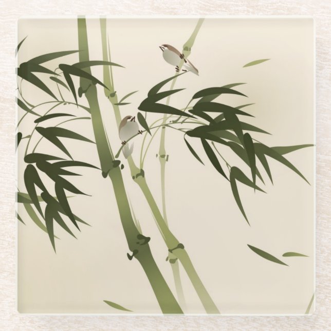 Oriental style painting, bamboo branches glass coaster (Front)