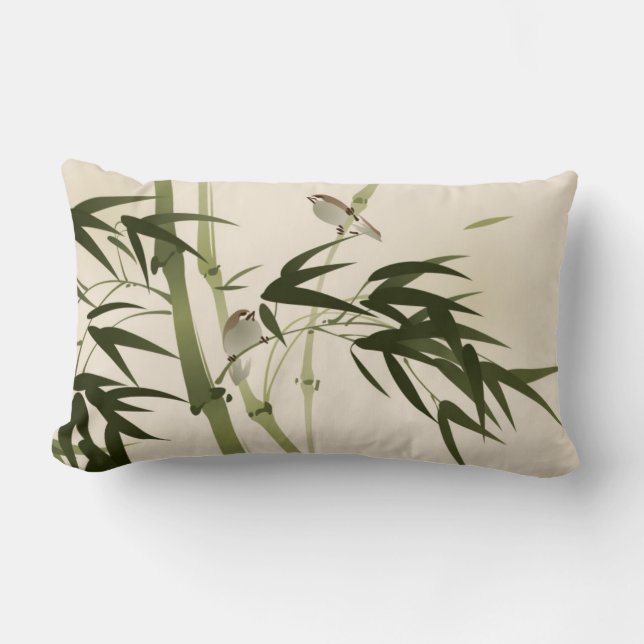Oriental style painting, bamboo branches lumbar cushion (Front)