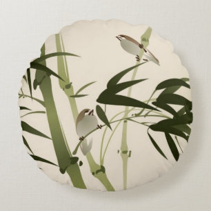 Oriental style painting, bamboo branches round cushion