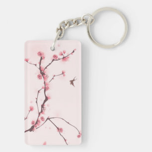Oriental style painting, cherry blossom key ring