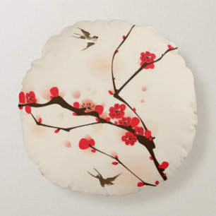 Oriental style painting, plum blossom in spring 3 round cushion