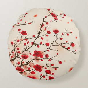 Oriental style painting, plum blossom in spring round cushion