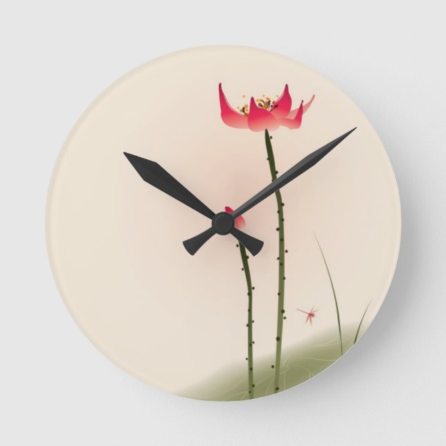 Oriental style painting, tall Lotus Round Clock (Front)