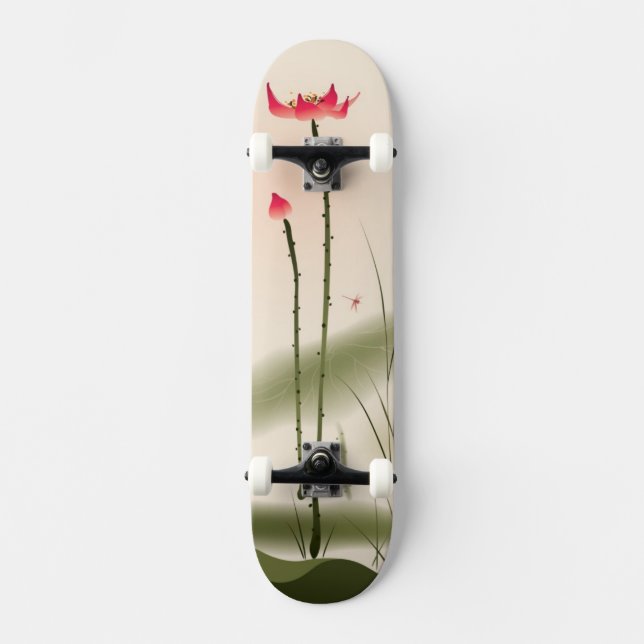 Oriental style painting, tall Lotus Skateboard (Front)