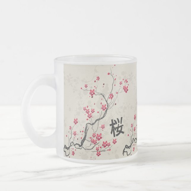 Oriental Style Sakura Cherry Blossom Art Frosted Glass Coffee Mug (Left)