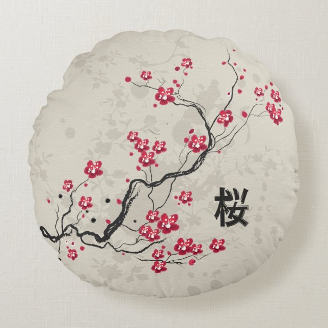 Oriental Style Sakura Cherry Blossom Art Round Cushion (Front)