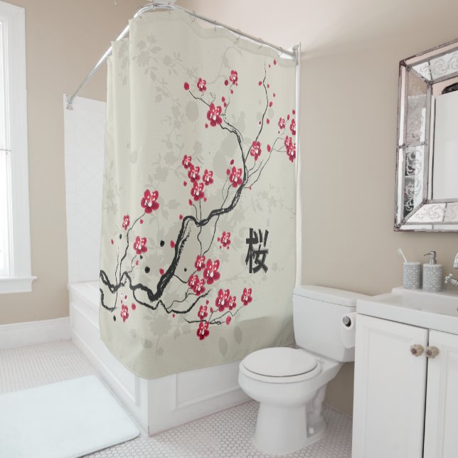 Oriental Style Sakura Cherry Blossom Art Shower Curtain (In Situ)