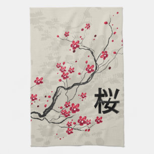 Oriental Style Sakura Cherry Blossom Art Tea Towel