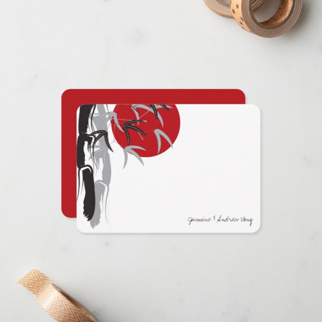 Oriental Sunrise Bamboo Garden Wedding Thank You Card (Front/Back In Situ)