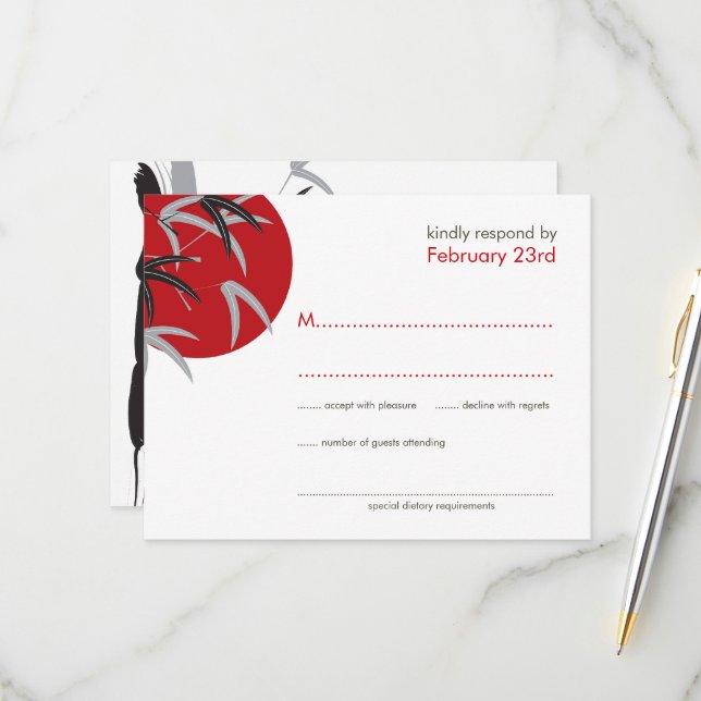 Oriental Sunrise Zen Bamboo Garden Asian Wedding RSVP Card (Front/Back In Situ)