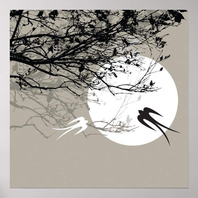 Oriental Swallows in Moonlight Zen Grey Poster (Front)