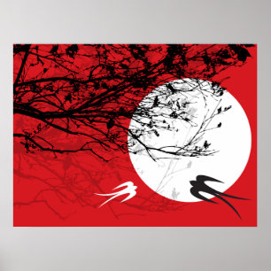 Oriental Swallows In Moonlight Zen Red Poster