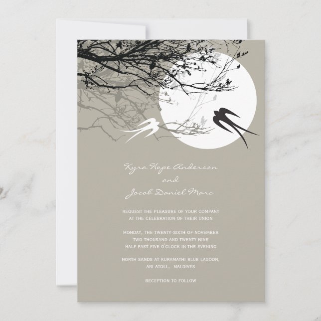 Oriental Swallows Moonlight Asian Wedding Invite (Front)