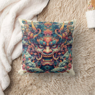 Oriental symetrical abstract Oni demon face tattoo Cushion