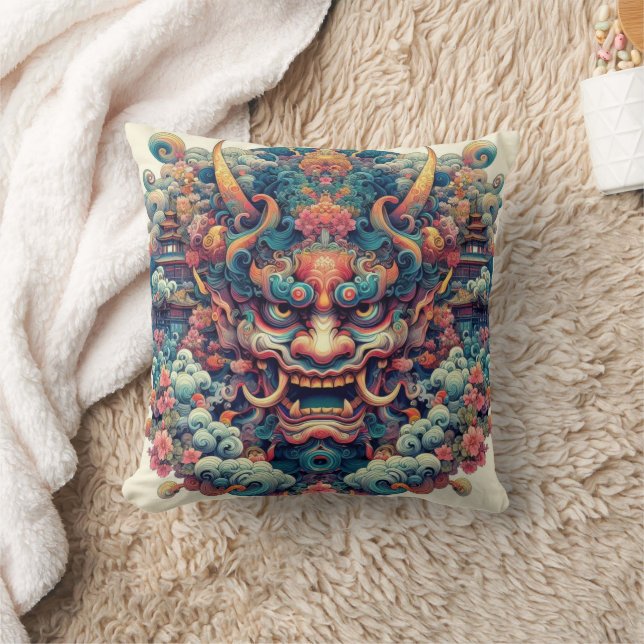 Oriental symetrical abstract Oni demon face tattoo Cushion (Blanket)