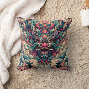 Oriental symetrical abstract Oni demon face tattoo Cushion