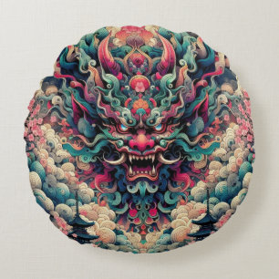 Oriental symetrical abstract Oni demon face tattoo Round Cushion
