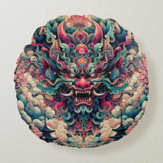 Oriental symetrical abstract Oni demon face tattoo Round Cushion (Front)