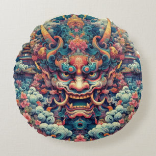Oriental symetrical abstract Oni demon face tattoo Round Cushion