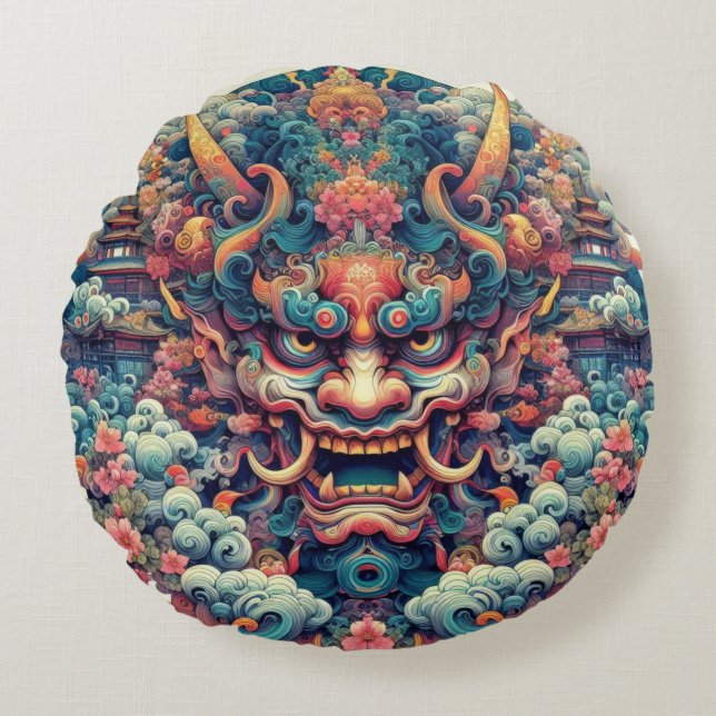 Oriental symetrical abstract Oni demon face tattoo Round Cushion (Front)