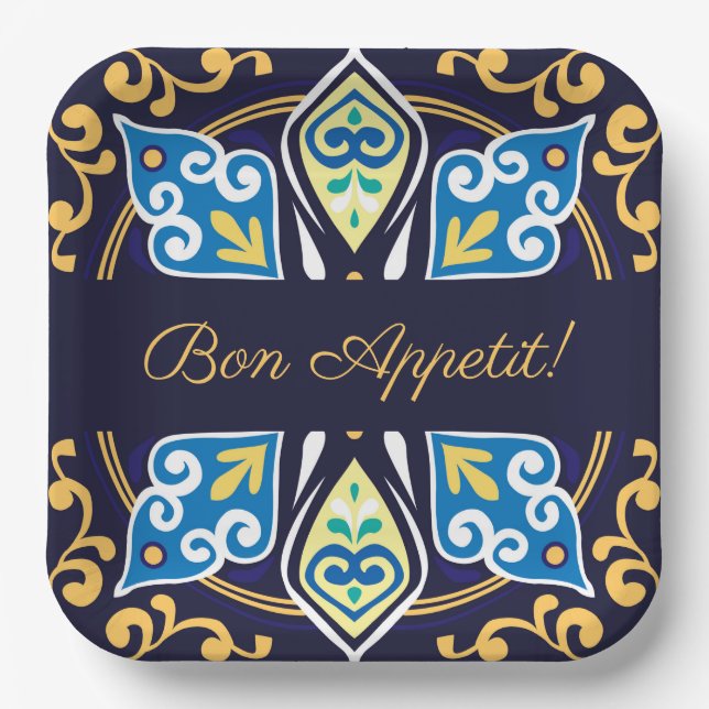 Oriental tiles, Azulejos , customisable Square  Paper Plate (Front)