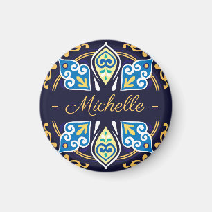 Oriental tiles, Azulejos , with name  round Magnet