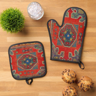 Oriental Turkish Carpet Rug Oven Mitt & Pot Holder Set