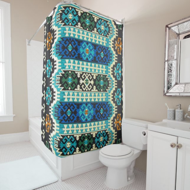 Oriental Turkish Persian Carpet Blue Green Shower Curtain (In Situ)