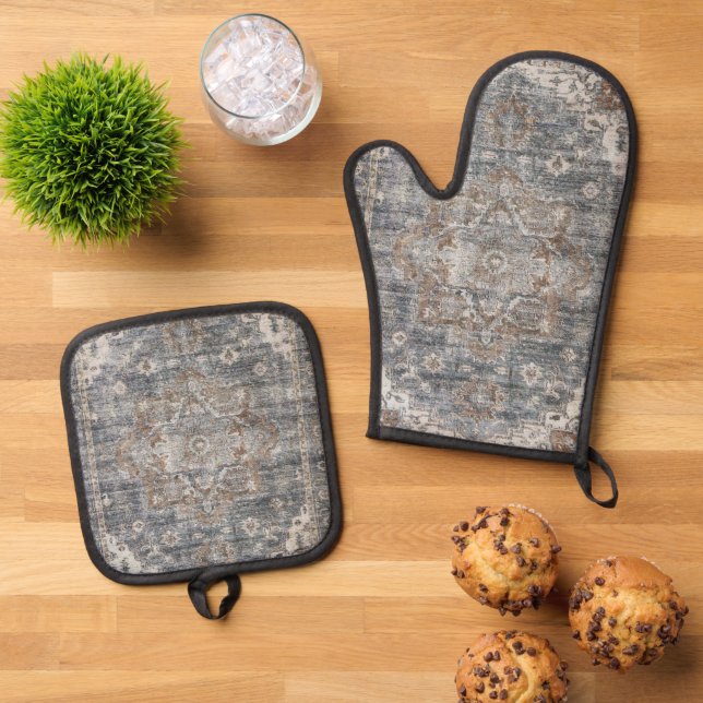 Oriental Turkish Persian Carpet Oven Mitt & Pot Holder Set (Top Down)